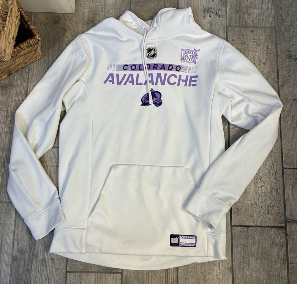 NHL Colorado Avalanche Hockey Fights Cancer Hoodie White Purple Medium Unisex